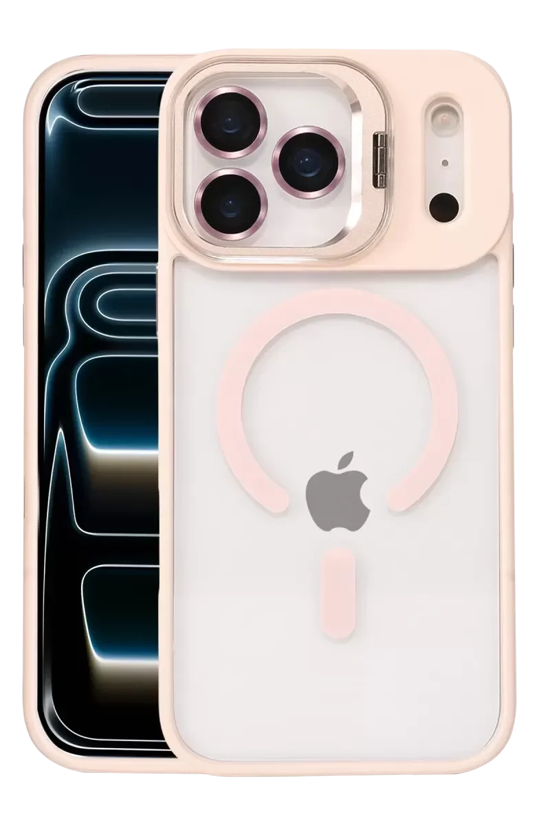 iPhone 17 Pro Max ile Uyumlu Remim Lensli Magsafe Standlı Kapak - Pembe Şeffaf