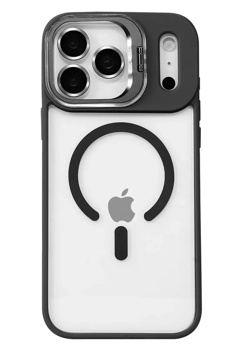 iPhone 17 Pro Max ile Uyumlu Remim Lensli Magsafe Standlı Kapak - Siyah