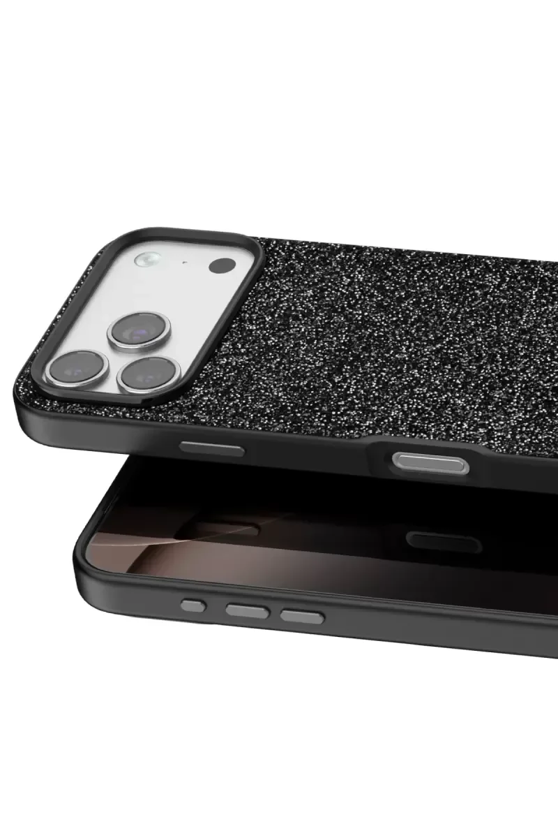 iPhone 17 Pro Max ile Uyumlu Bright Simli Kapak - Siyah Boncuk İşlemeli Şık Kılıf