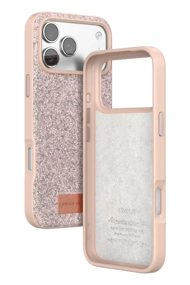 iPhone 17 Pro Max ile Uyumlu Bright Simli Kapak - Pembe Boncuk İşlemeli Şık Kılıf