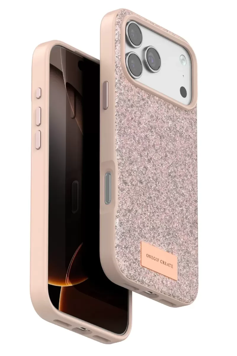 iPhone 17 Pro Max ile Uyumlu Bright Simli Kapak - Pembe Boncuk İşlemeli Şık Kılıf