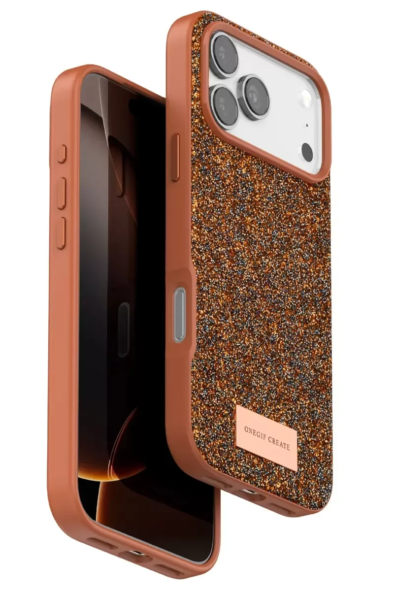 iPhone 17 Pro Max ile Uyumlu Bright Simli Kapak - Turuncu Boncuk İşlemeli Şık Telefon Kılıfı