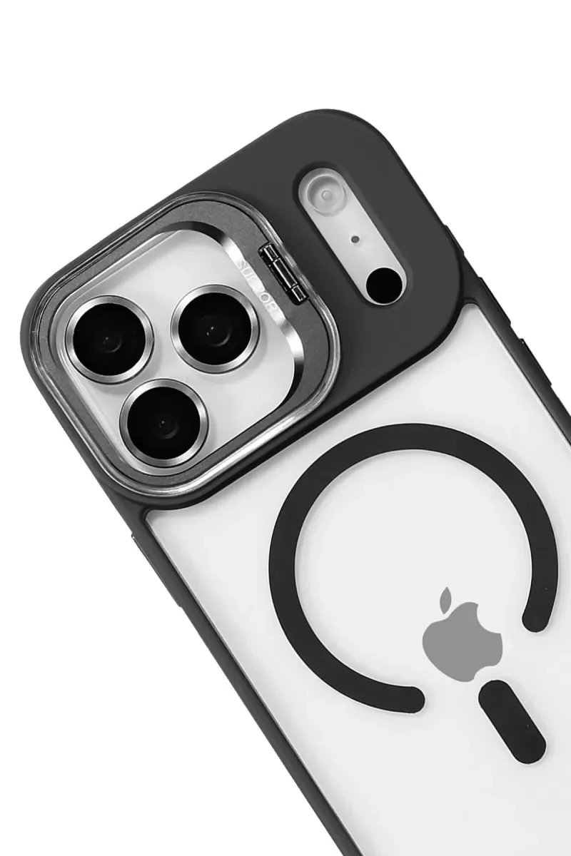 iPhone 17 Pro Max ile Uyumlu Remim Lensli Magsafe Standlı Kapak - Siyah