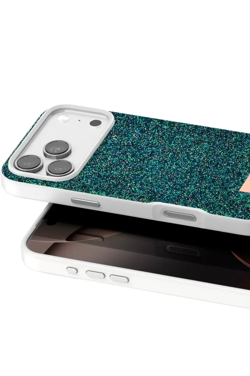 iPhone 17 Pro Max ile Uyumlu Bright Simli Kapak - Koyu Yeşil Boncuk İşlemeli Şık Telefon Kılıfı