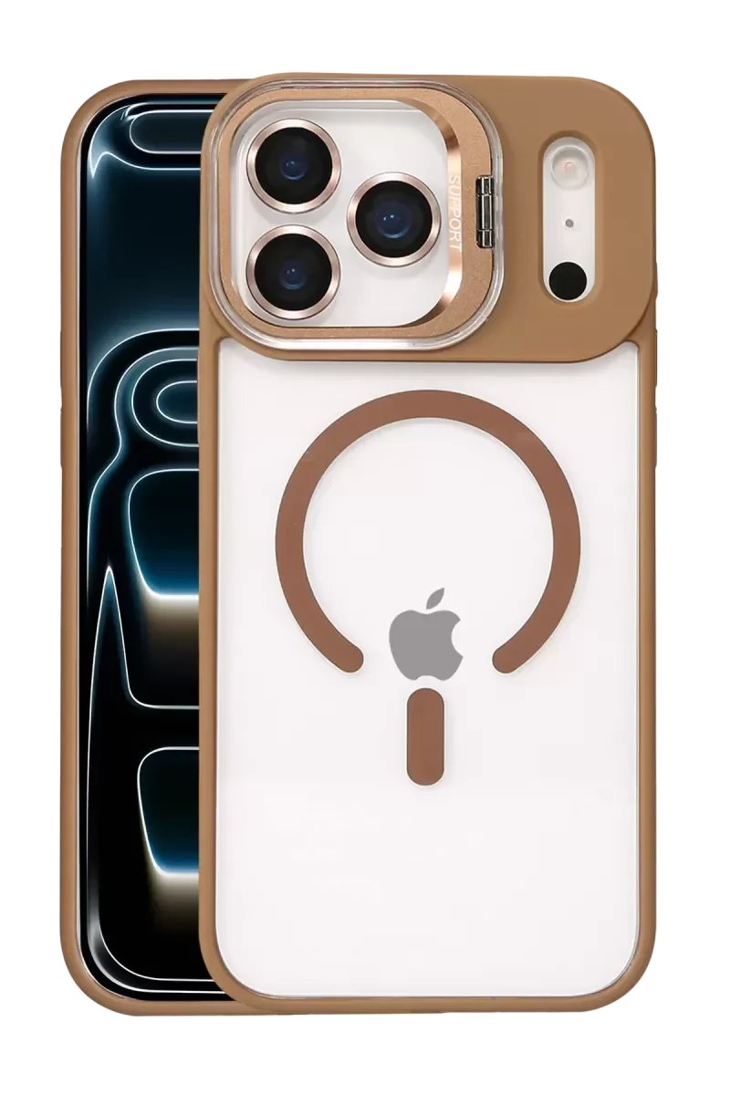 iPhone 17 Pro Max ile Uyumlu Remim Lensli MagSafe Standlı Kapak - Kahverengi, Şeffaf Premium Kılıf