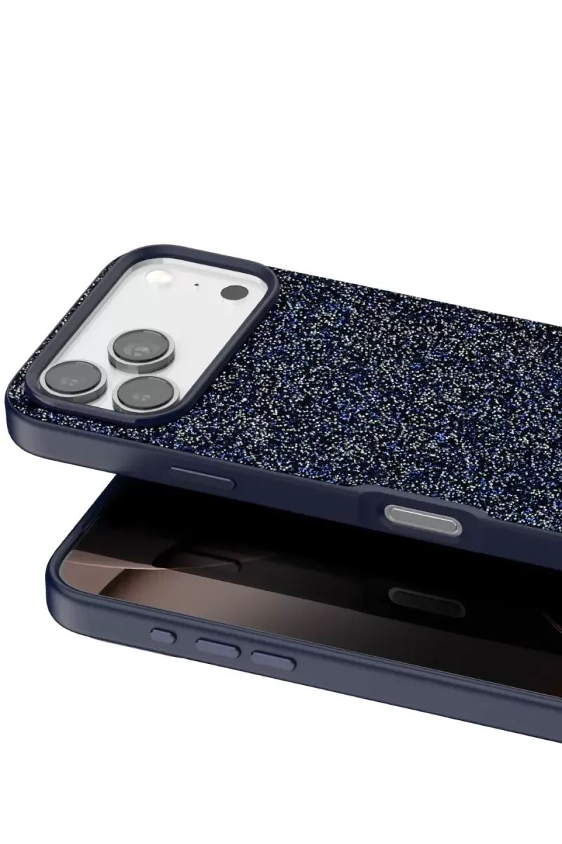 iPhone 17 Pro Max ile Uyumlu Bright Simli Kapak - Mavi Boncuk İşlemeli