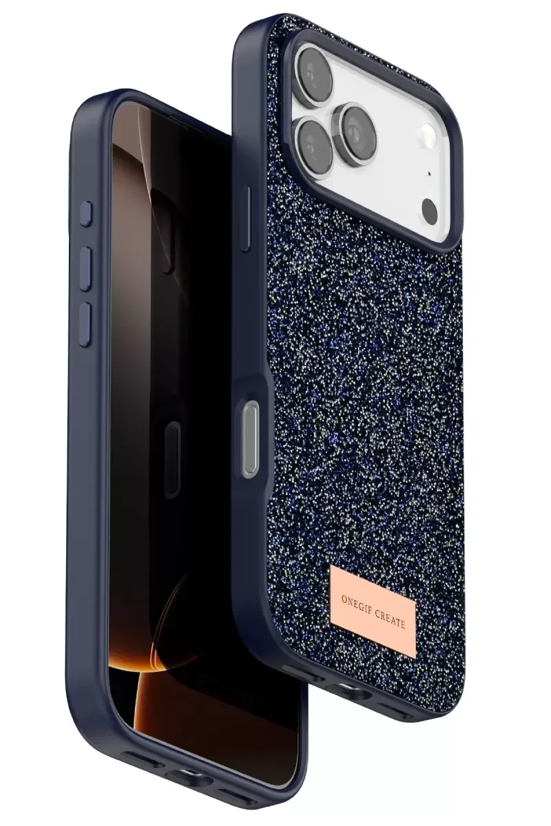 iPhone 17 Pro Max ile Uyumlu Bright Simli Kapak - Mavi Boncuk İşlemeli