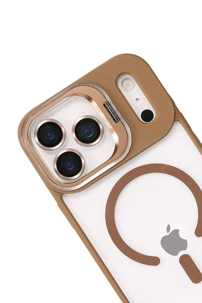 iPhone 17 Pro Max ile Uyumlu Remim Lensli MagSafe Standlı Kapak - Kahverengi, Şeffaf Premium Kılıf