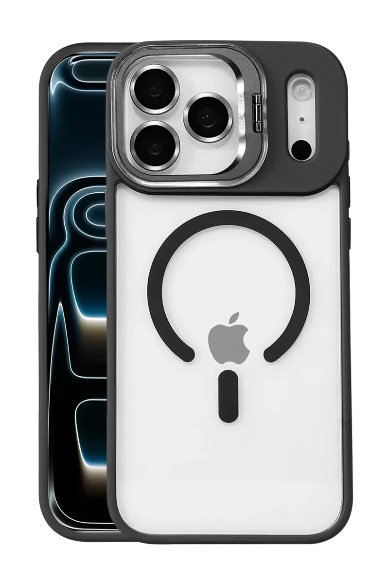 iPhone 17 Pro Max ile Uyumlu Remim Lensli Magsafe Standlı Kapak - Siyah