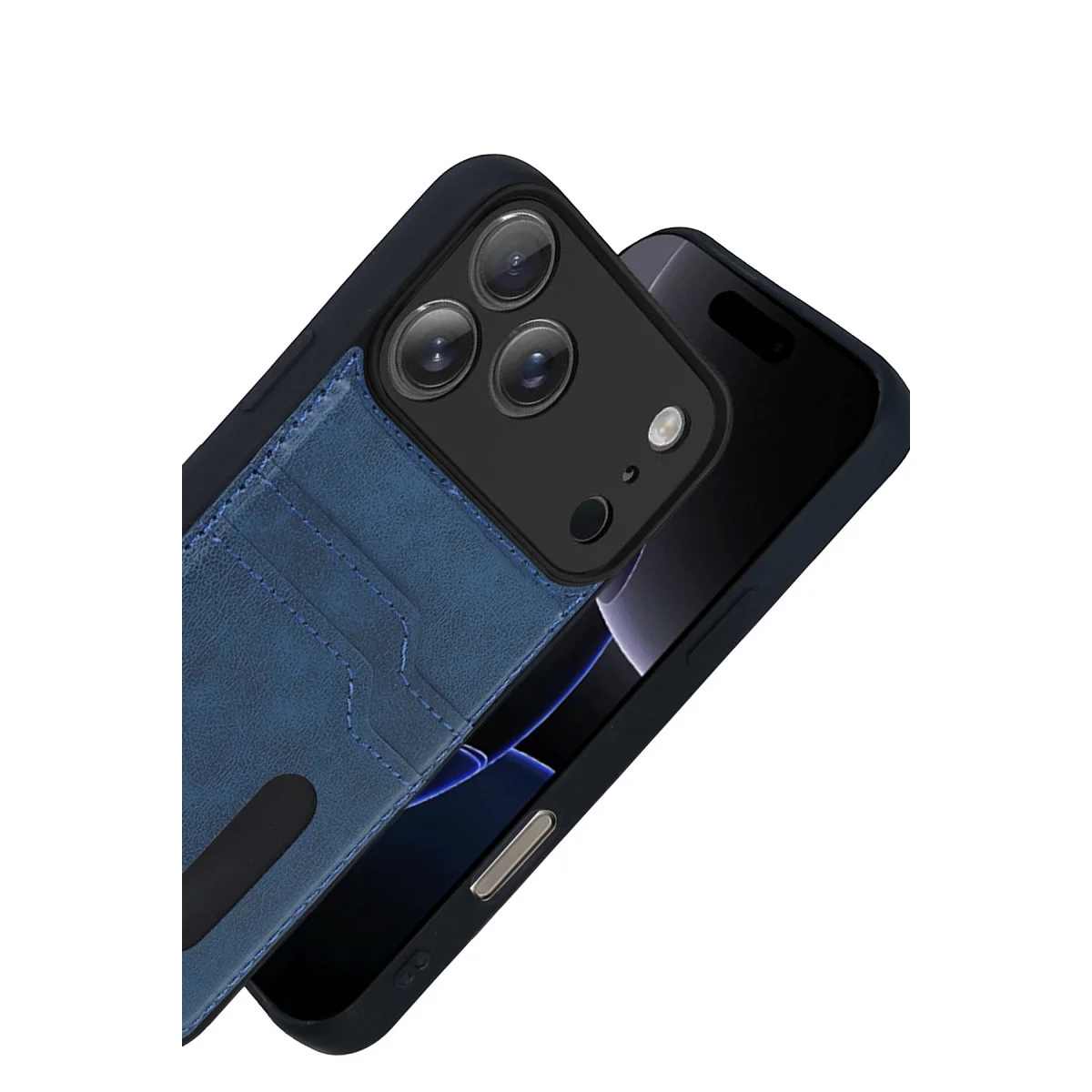 iPhone 17 Pro Max Kartvizitli Deri Kılıf - Lacivert (Pratik ve Şık)
