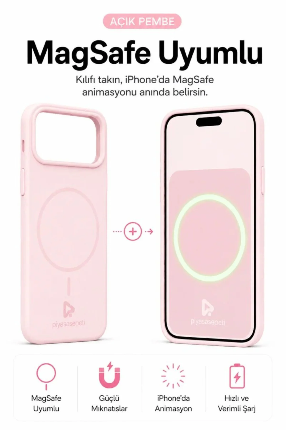 iPhone 17 Pro Max Mag Core Akıllı MagSafe Animasyonlu Silikon Kılıf Açık Pembe