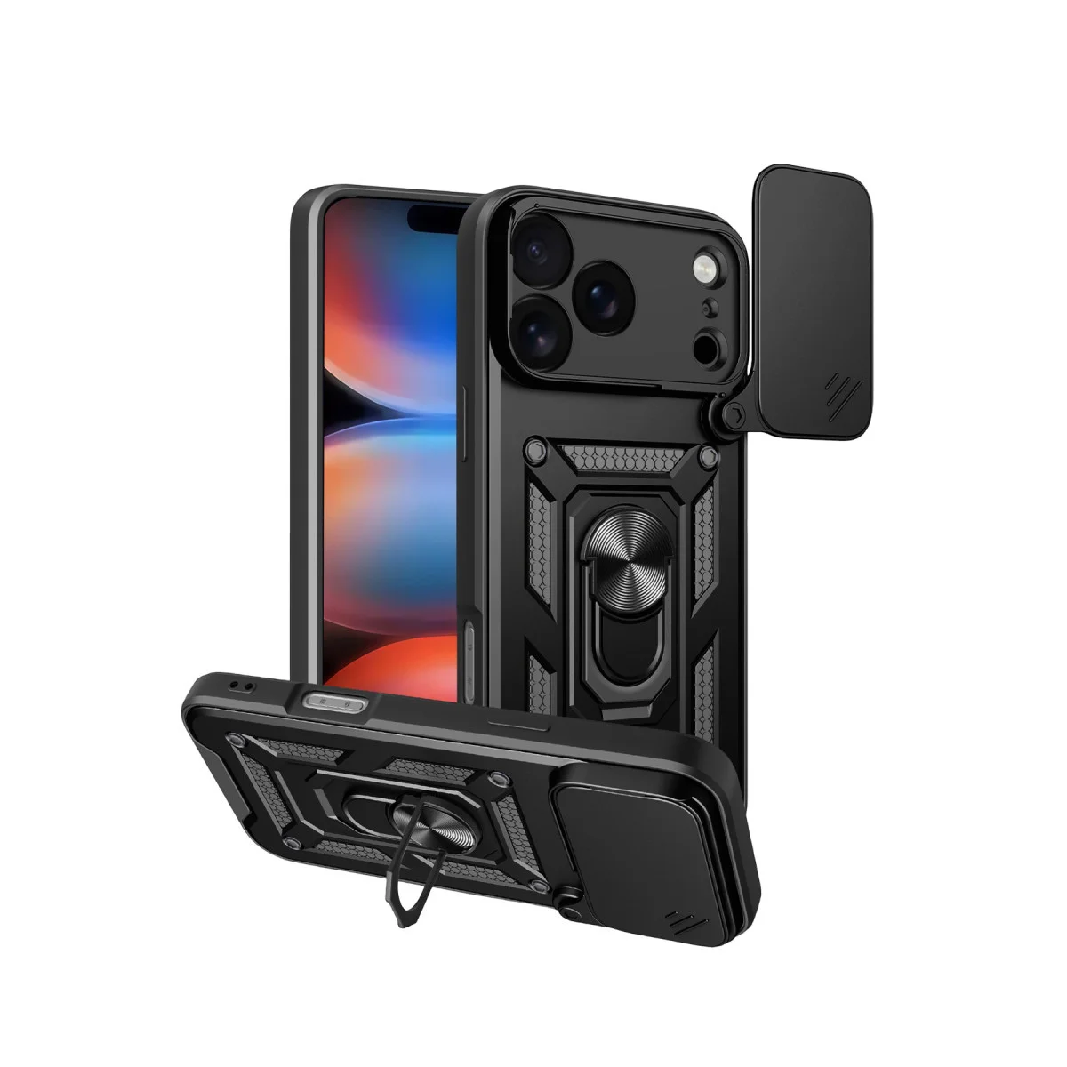 iPhone 17 Pro Max Pars Lens Yüzüklü Silikon Kılıf - Kamera Kalkanı & Metal Stand (Siyah)