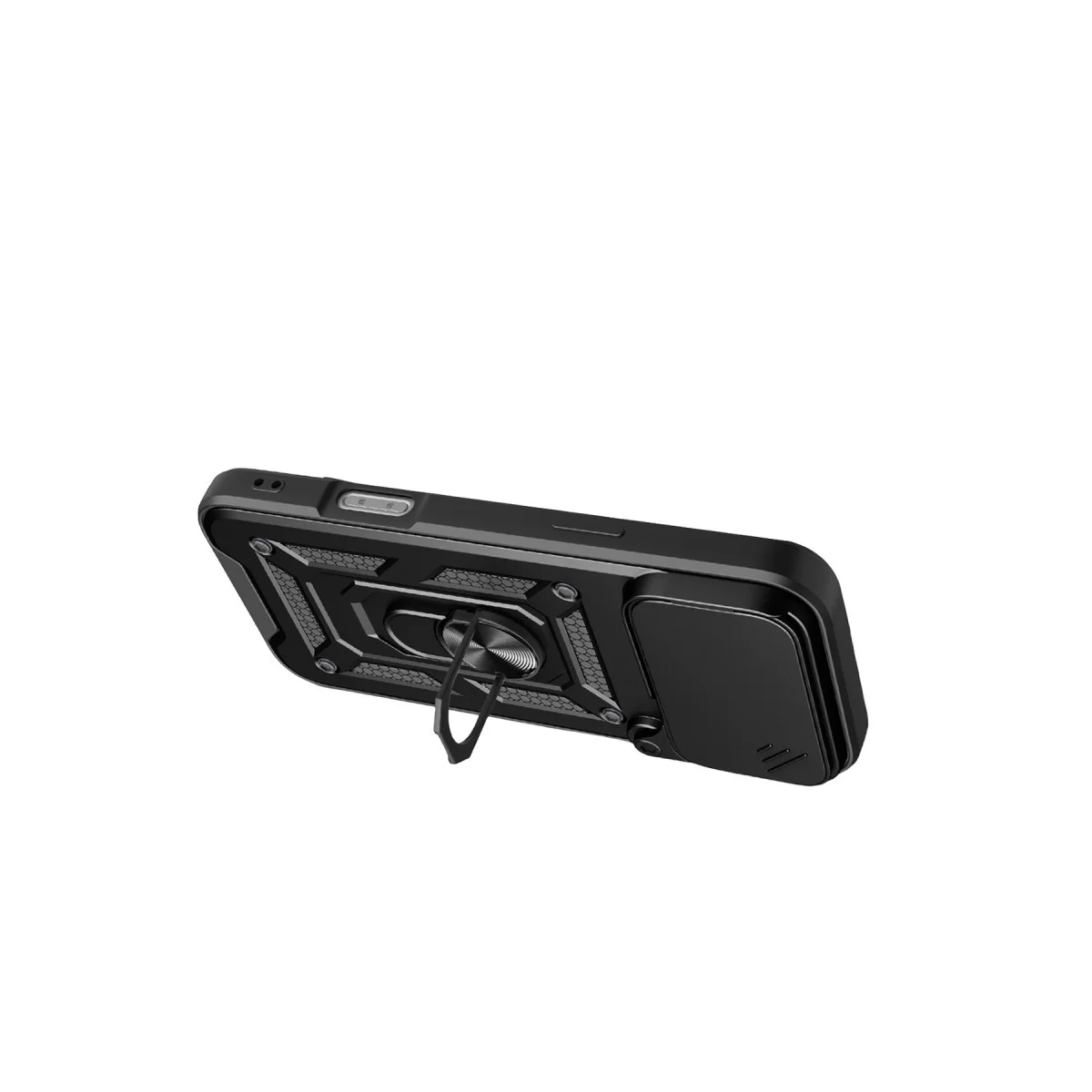 iPhone 17 Pro Max Pars Lens Yüzüklü Silikon Kılıf - Kamera Kalkanı & Metal Stand (Siyah)
