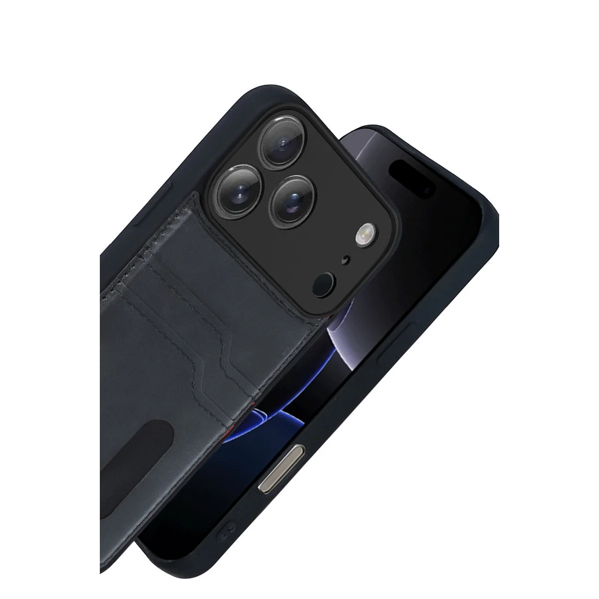 iPhone 17 Pro Max Sara Kartvizitli Deri Kılıf - Siyah (Premium Deri, 2 Kart Yuvası, Tam Koruma)