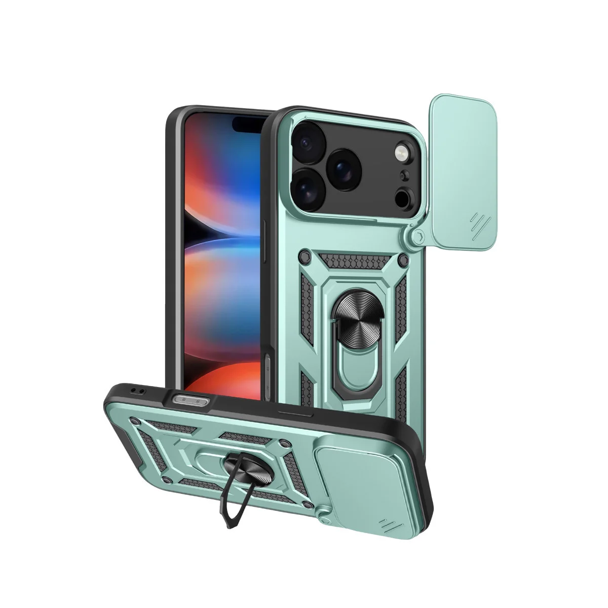 iPhone 17 Pro Max Yeşil Silikon Kılıf - Pars Lens Yüzüklü ve Standlı Premium Koruma