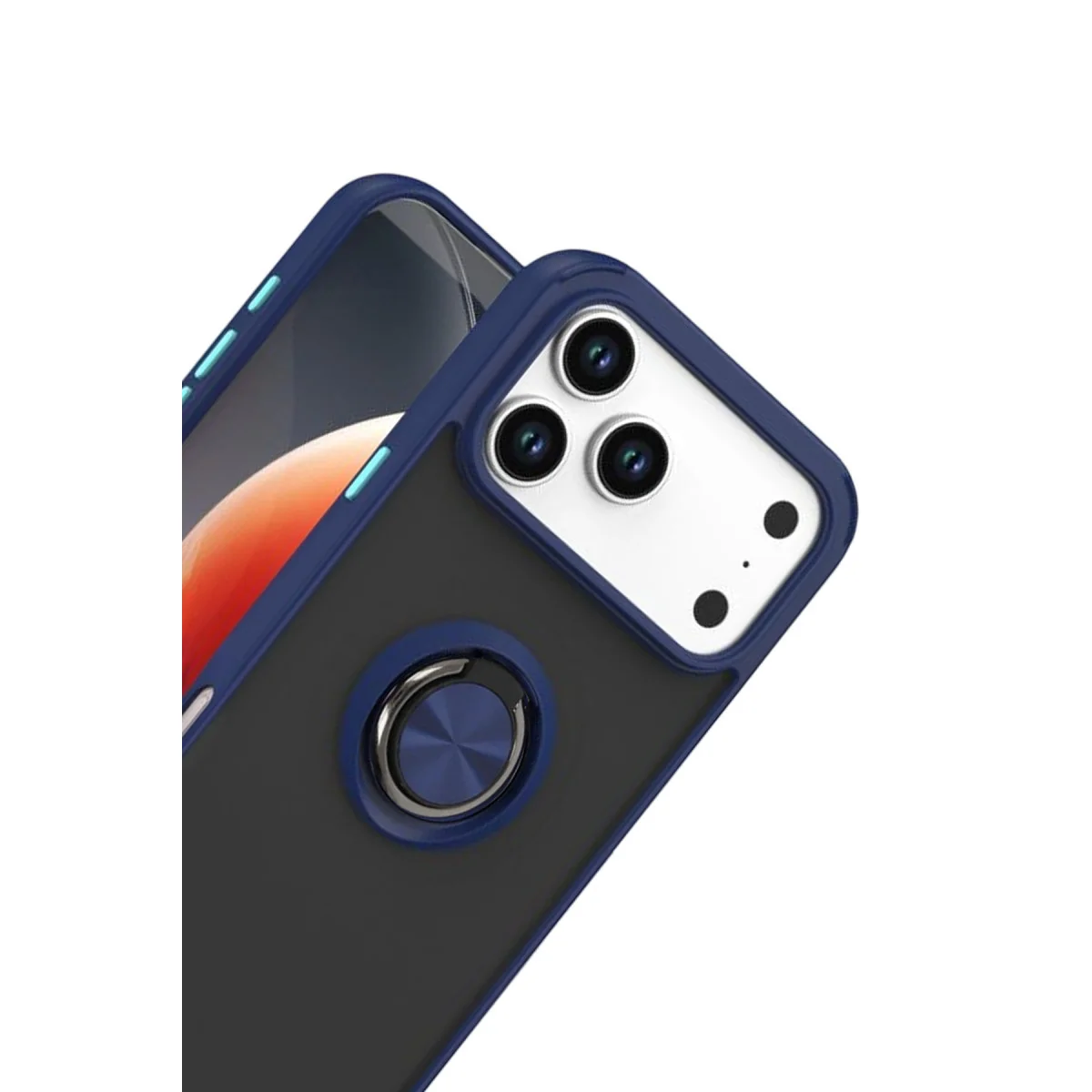 iPhone 17 Pro Montreal Yüzüklü Silikon Kapak - Lacivert, Parmak İzi Bırakmayan, Mat Kapak, Metal Standlı