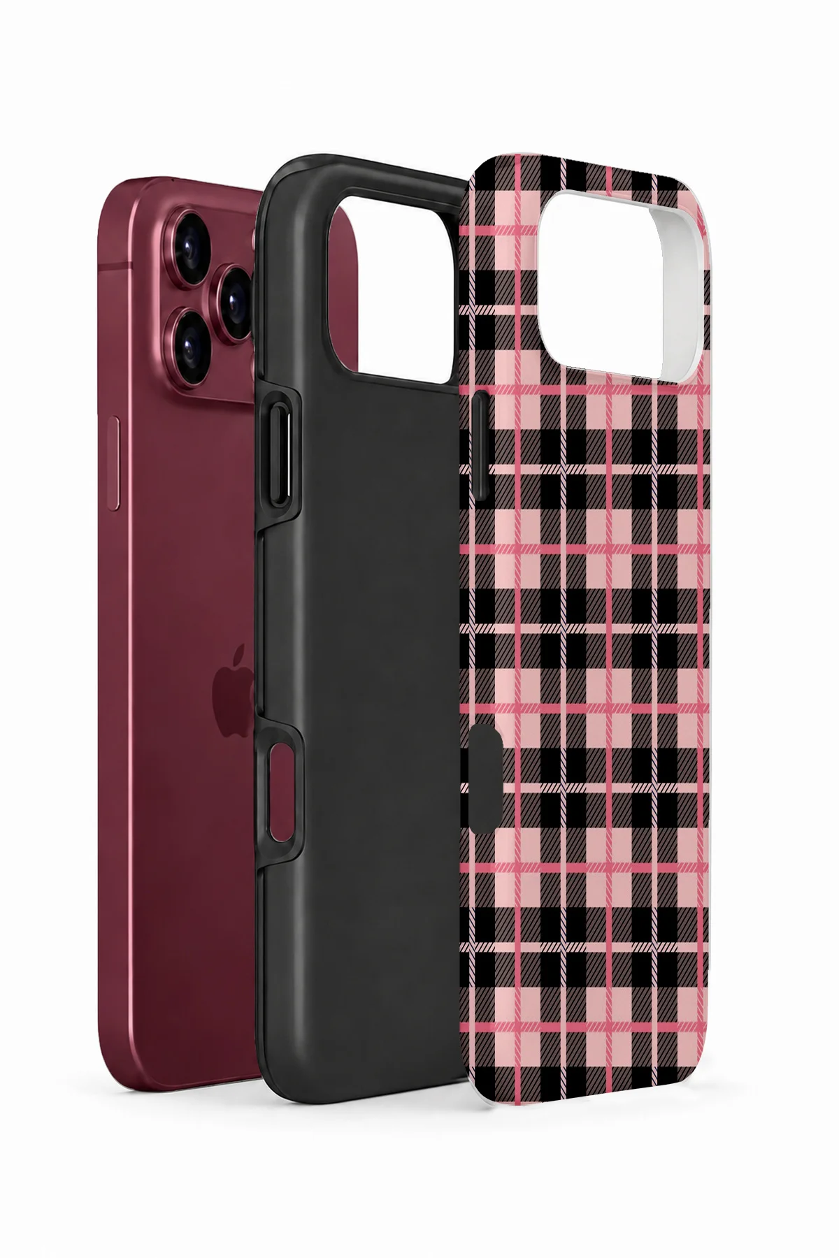 iPhone 18 Pro Vorian Çift Katmanlı Pembe Siyah Ekose Kılıf - Görsel 2