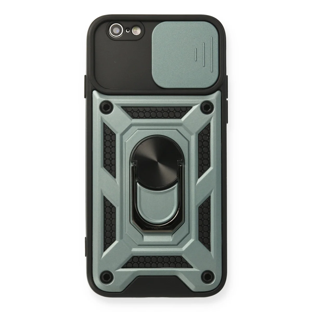 iPhone 6 Yeşil Pars Lens Korumalı Silikon Kılıf - Arka Metal Standlı