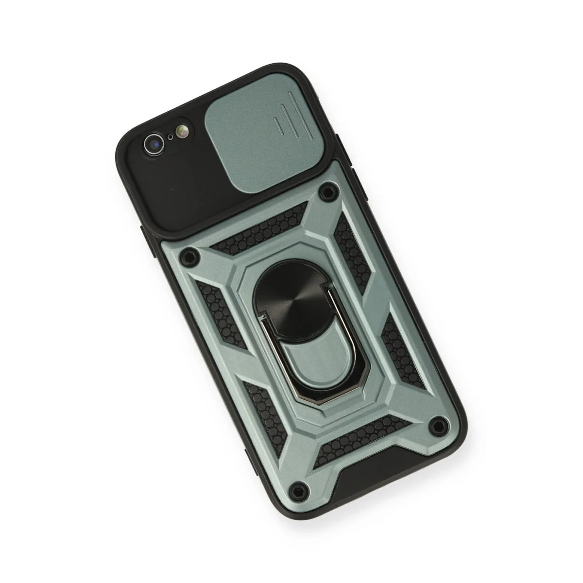 iPhone 6 Yeşil Pars Lens Korumalı Silikon Kılıf - Arka Metal Standlı