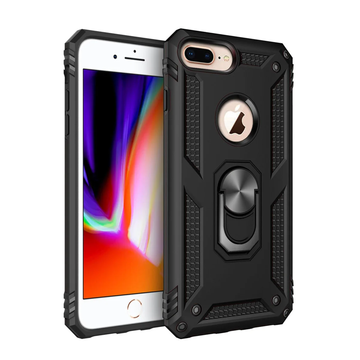 iPhone 7 Plus Kılıf - Siyah Sofya Yüzüklü Silikon Kapak - Üstün Korumalı ve Yarı-Sert Çerçeve