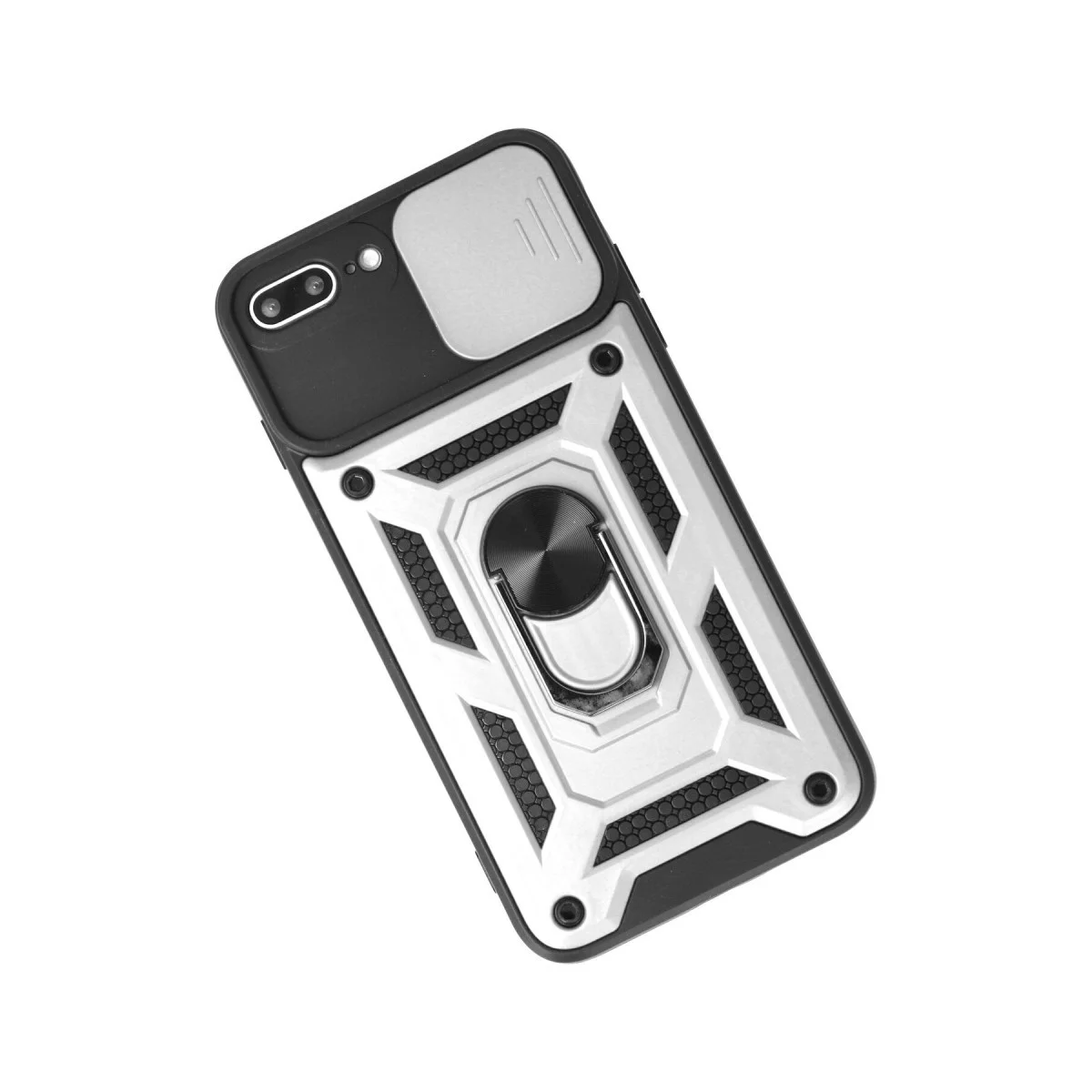 iPhone 7 Plus Premium Silikon Kılıf - Pars Lens Yüzüklü Gümüş - Kamera Korumalı ve Metal Standlı
