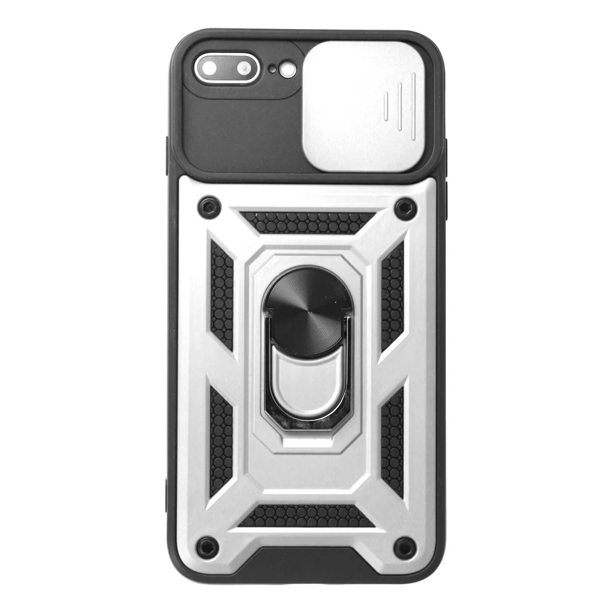 iPhone 7 Plus Premium Silikon Kılıf - Pars Lens Yüzüklü Gümüş - Kamera Korumalı ve Metal Standlı