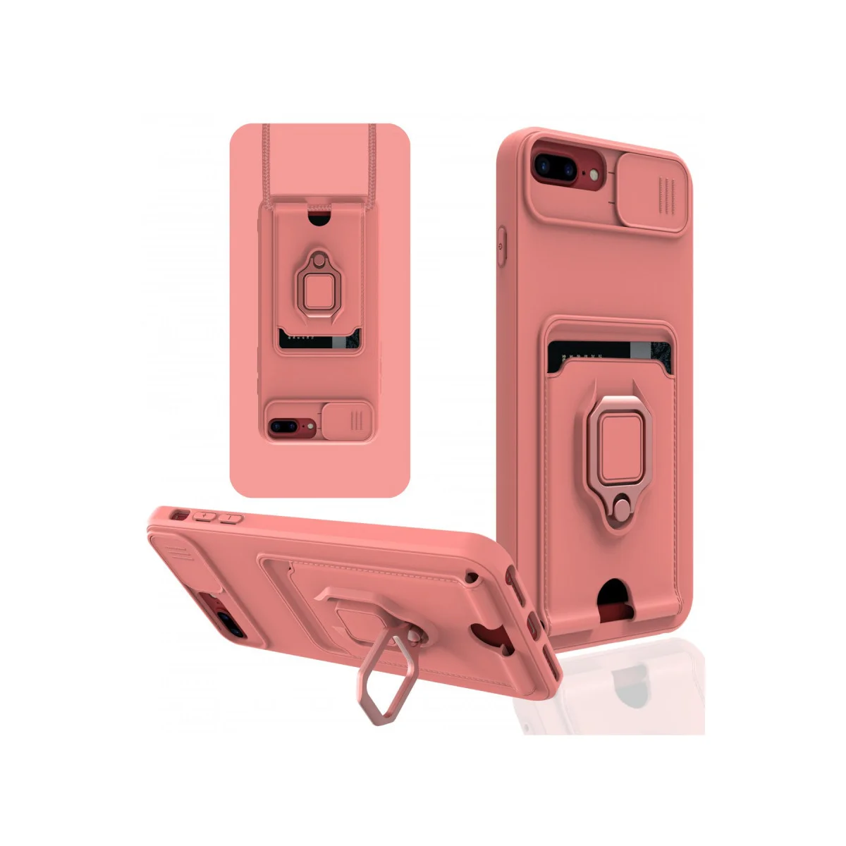 iPhone 7 Plus Zuma Kartlı Yüzüklü Silikon Kılıf Pembe – Standlı Kamera Korumalı
