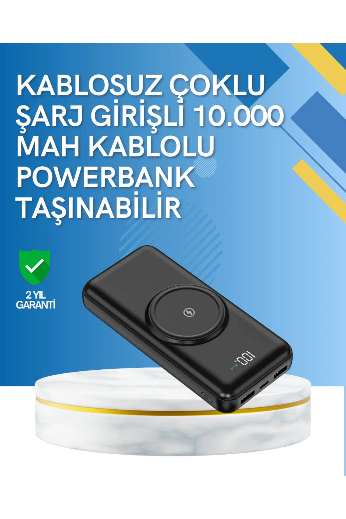 iPhone ve Android Uyumlu 10000mAh Powerbank – Hem Kablolu Hem Kab