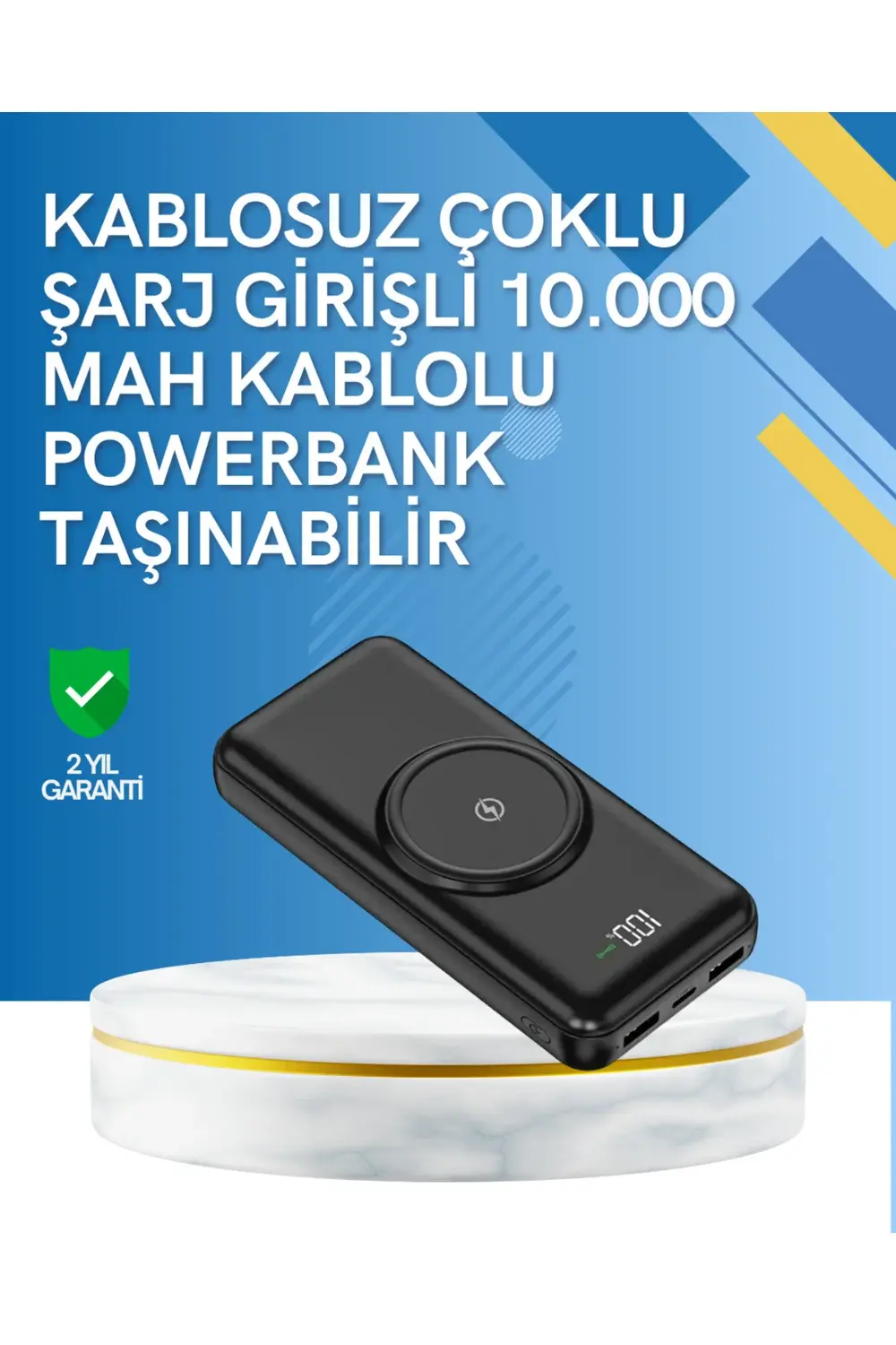 iPhone ve Android Uyumlu 10000mAh Powerbank – Hem Kablolu Hem Kab