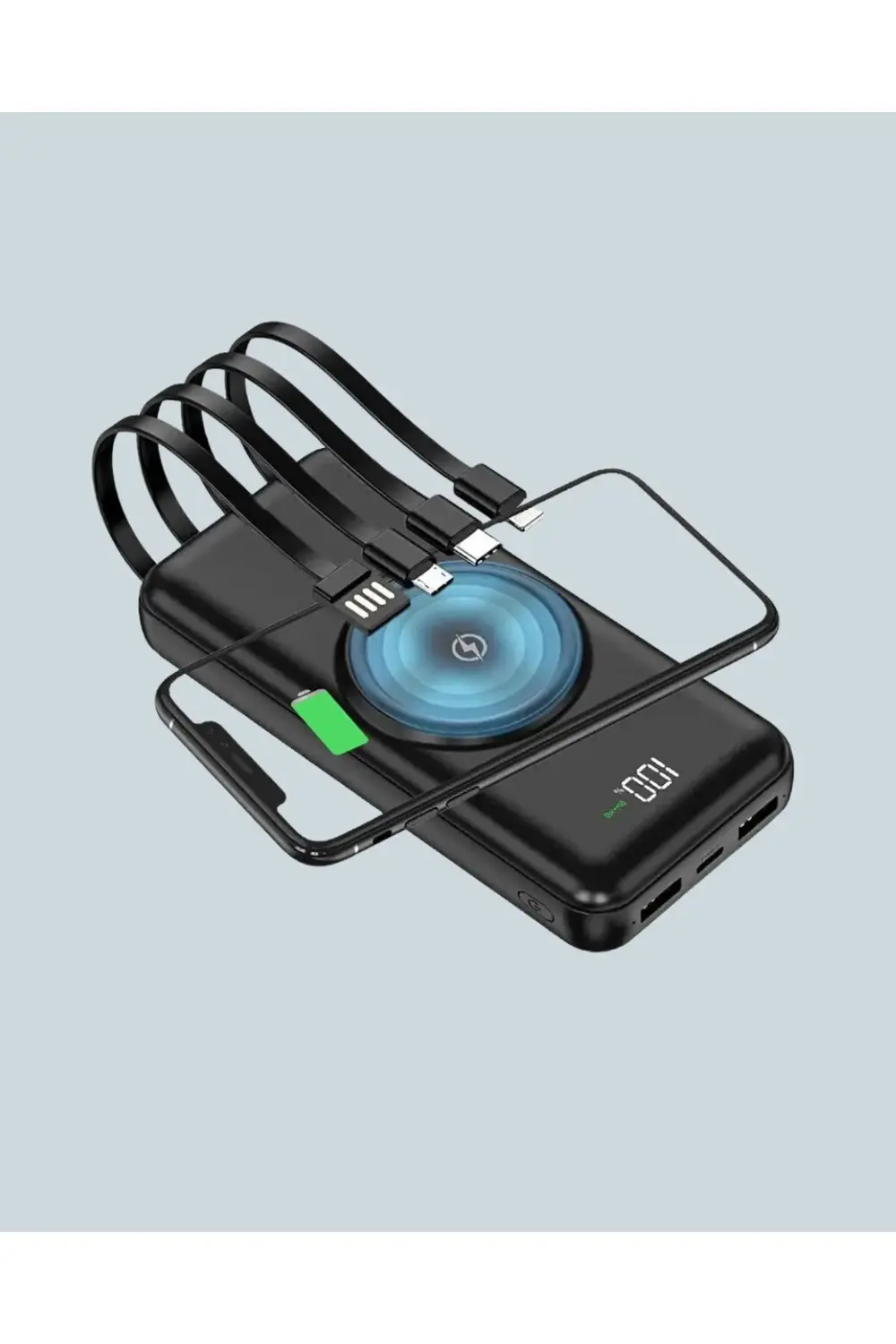 iPhone ve Android Uyumlu 10000mAh Powerbank – Hem Kablolu Hem Kab