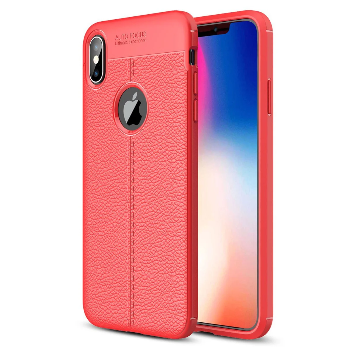 iPhone X Auto Focus Kılıf - Kırmızı Deri Dokulu ve Yüksek Darbe Korumalı