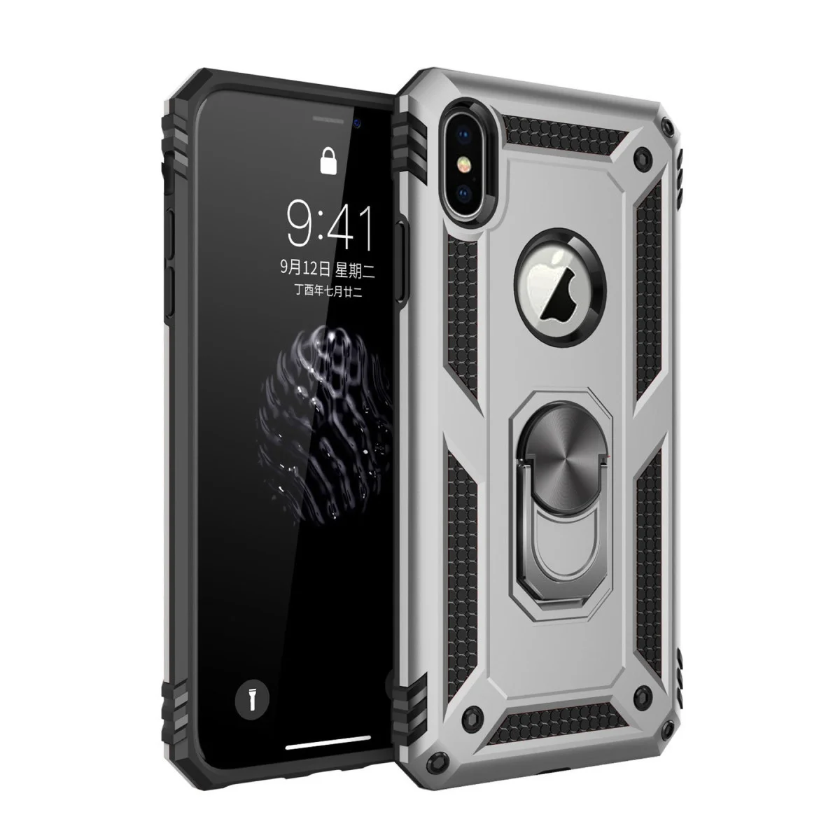 iPhone X Kılıf - Sofya Yüzüklü Gümüş Silikon Kapak - Ultra Koruma