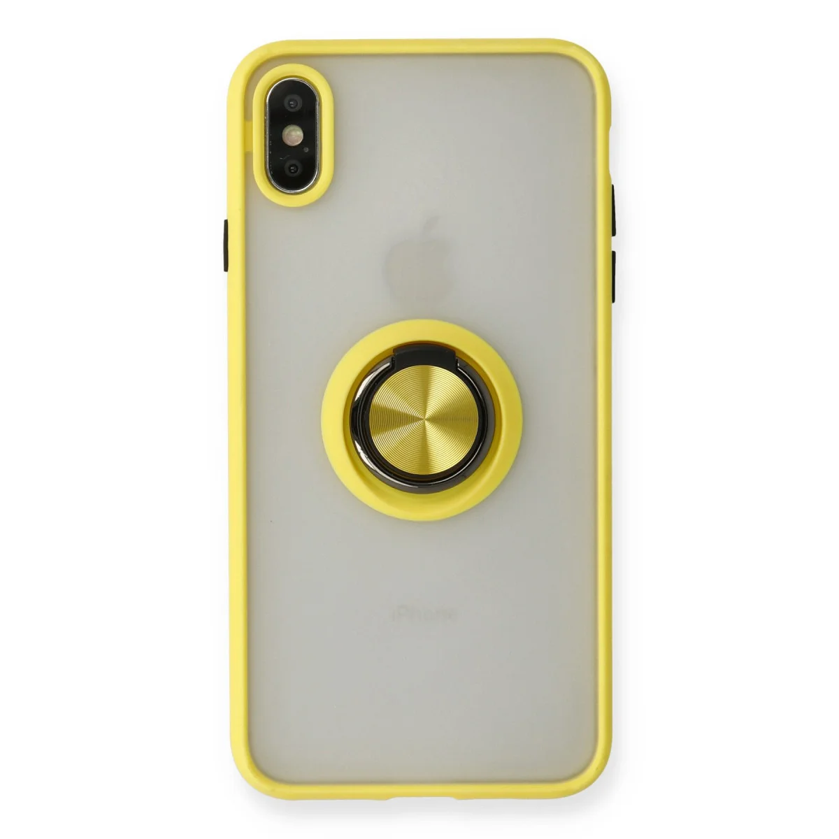 iPhone X Montreal Yüzüklü Silikon Kapak - Sarı, Parmak İzi Duyarsız ve Metal Standlı Koruma Kılıfı