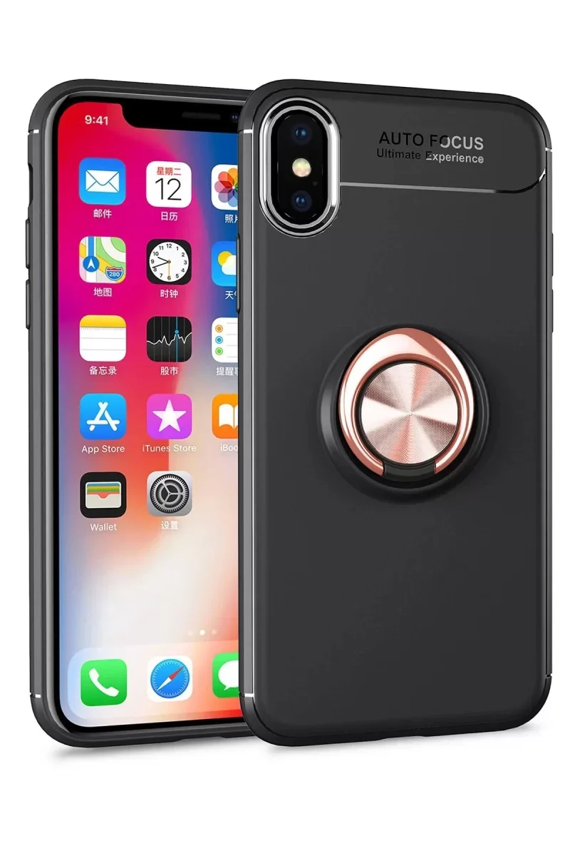 iPhone XS Max ile Uyumlu Range Yüzüklü Silikon Kılıf - Siyah/Gold