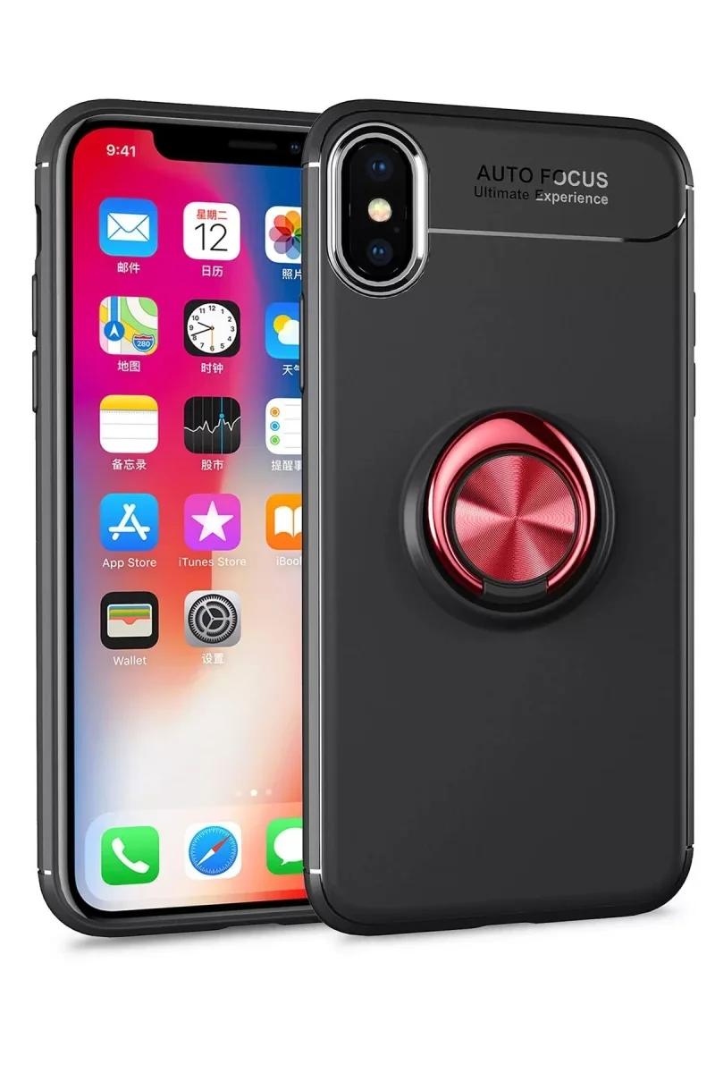 iPhone XS Max ile Uyumlu Range Yüzüklü Silikon Kılıf - Siyah/Kırmızı