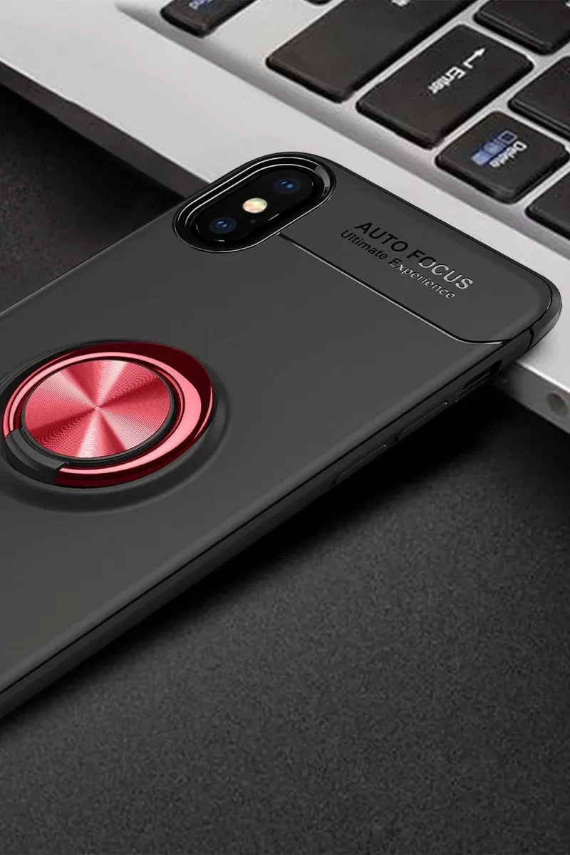 iPhone XS Max ile Uyumlu Range Yüzüklü Silikon Kılıf - Siyah/Kırmızı