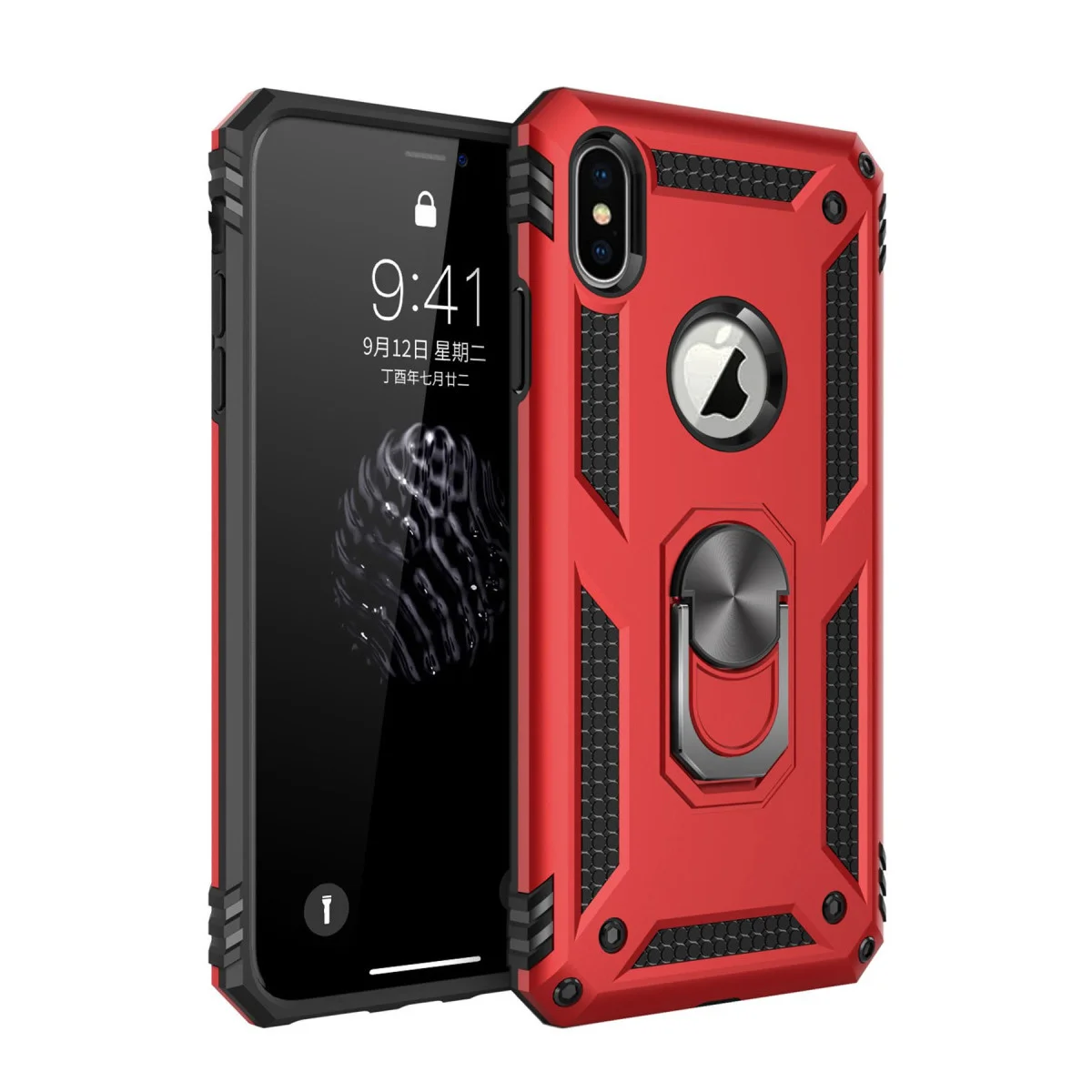 iPhone XS Max Kılıf Kırmızı Yüzüklü Silikon Kapak - Yarı Sert Rubber & TPU Çerçeve ile Mükemmel Uyum