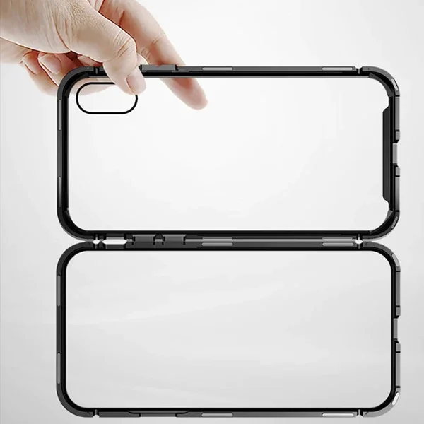 iPhone XS Max Manyetik Metal Frame Kılıf - Tempered Glass Arka Kısım ve 360° Koruma
