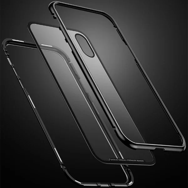 iPhone XS Max Manyetik Metal Frame Kılıf - Tempered Glass Arka Kısım ve 360° Koruma