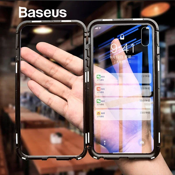 iPhone XS Max Manyetik Metal Frame Kılıf - Tempered Glass Arka Kısım ve 360° Koruma