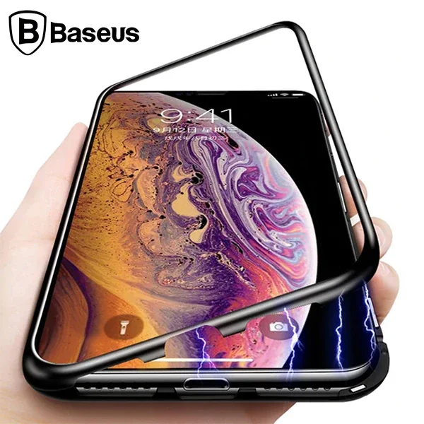 iPhone XS Max Manyetik Metal Frame Kılıf - Tempered Glass Arka Kısım ve 360° Koruma