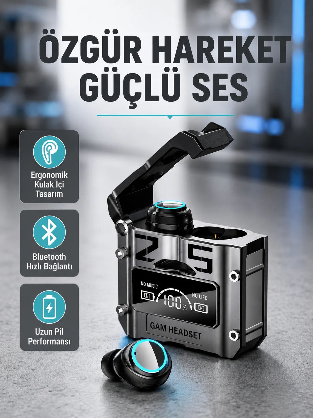 IPX5 Su Geçirmez Kablosuz Bluetooth Kulaklık – Powerbank Şarj Kutulu, Düşük Gecikmeli Oyun Modu