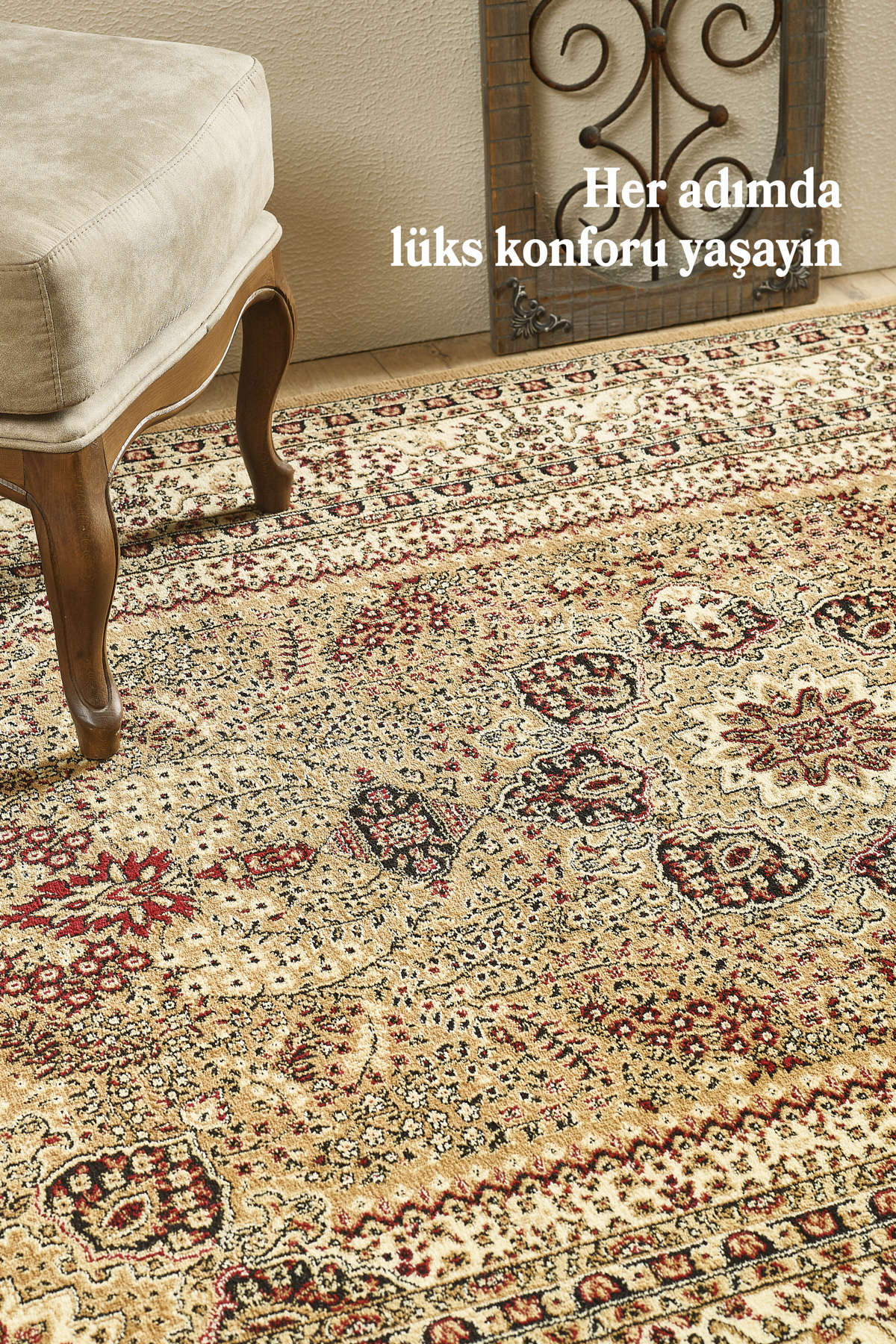 Anaska Home İran Tarzı Barok Süslemeli Bej Toz Vermez Oturma Odası Ve Salon H