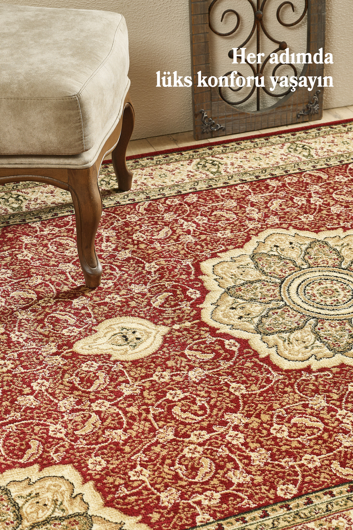 Anaska Home İran Tarzı Göbekli Kırmızı Tozsuz Oturma Odası Ve Salon Halısı Şı