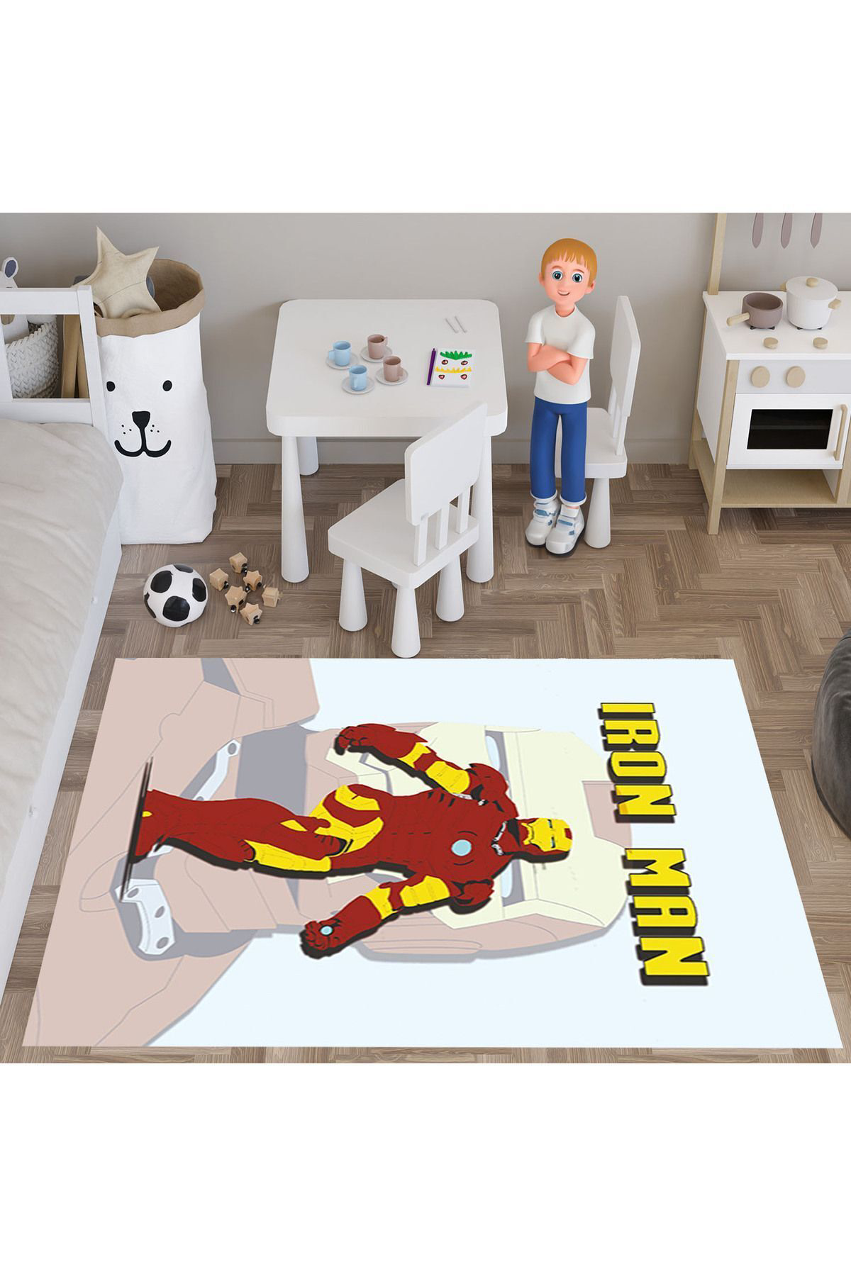 Evan Home İron Man Desenli Çocuk Odasi Takim Perde (İki Kanat),Yatak Örtüsü,Yastik,Kirlent ,Hali,Tablo