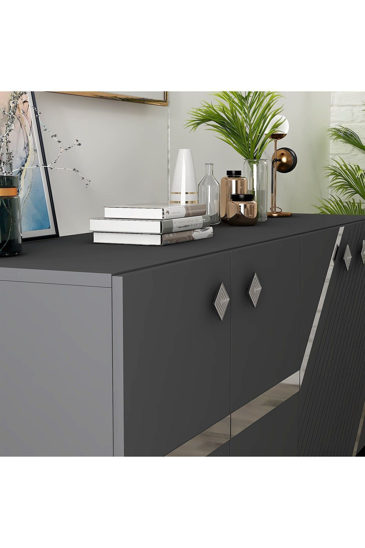 Cantek Dizayn İrris Konsol 4 Kapakli Rafli Antrasit-Gümüş