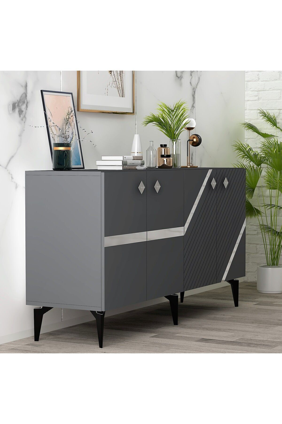 Cantek Dizayn İrris Konsol 4 Kapakli Rafli Antrasit-Gümüş