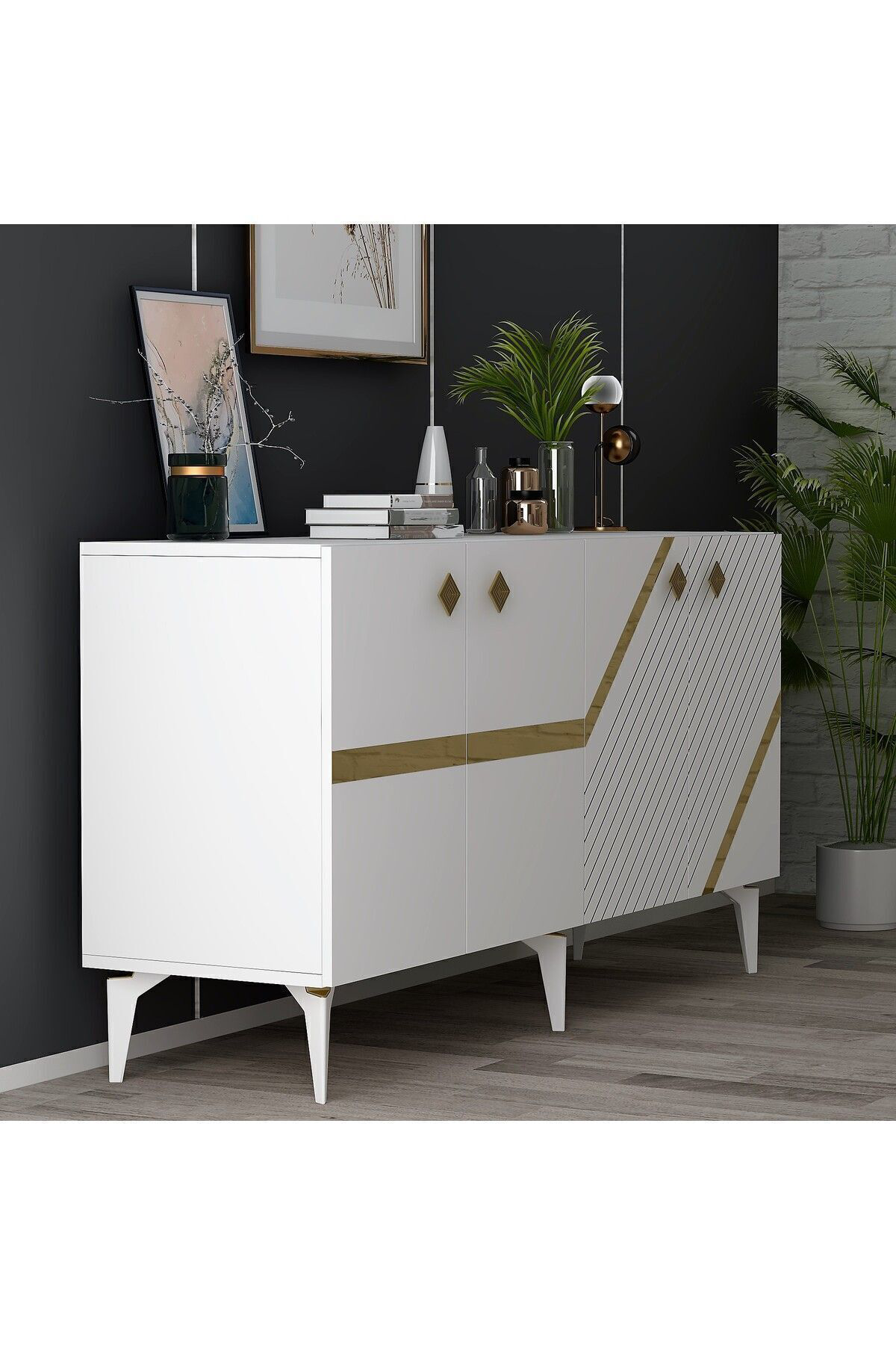 Cantek Dizayn İrris Konsol 4 Kapakli Rafli Beyaz-Altin