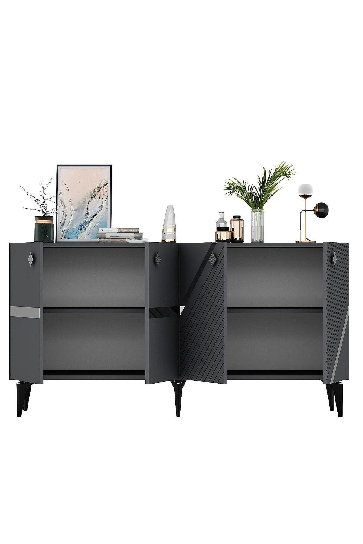 Cantek Dizayn İrris Konsol 4 Kapakli Rafli Antrasit-Gümüş