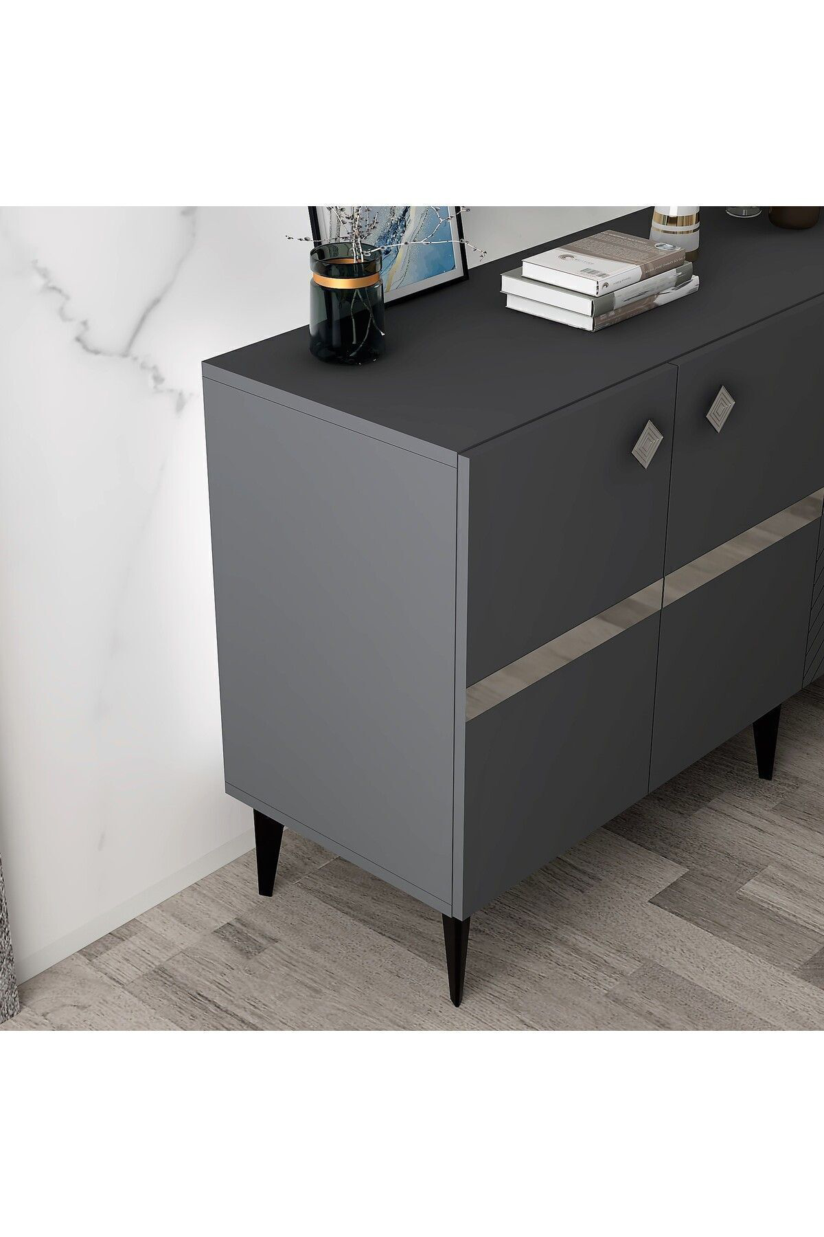 Cantek Dizayn İrris Konsol 4 Kapakli Rafli Antrasit-Gümüş